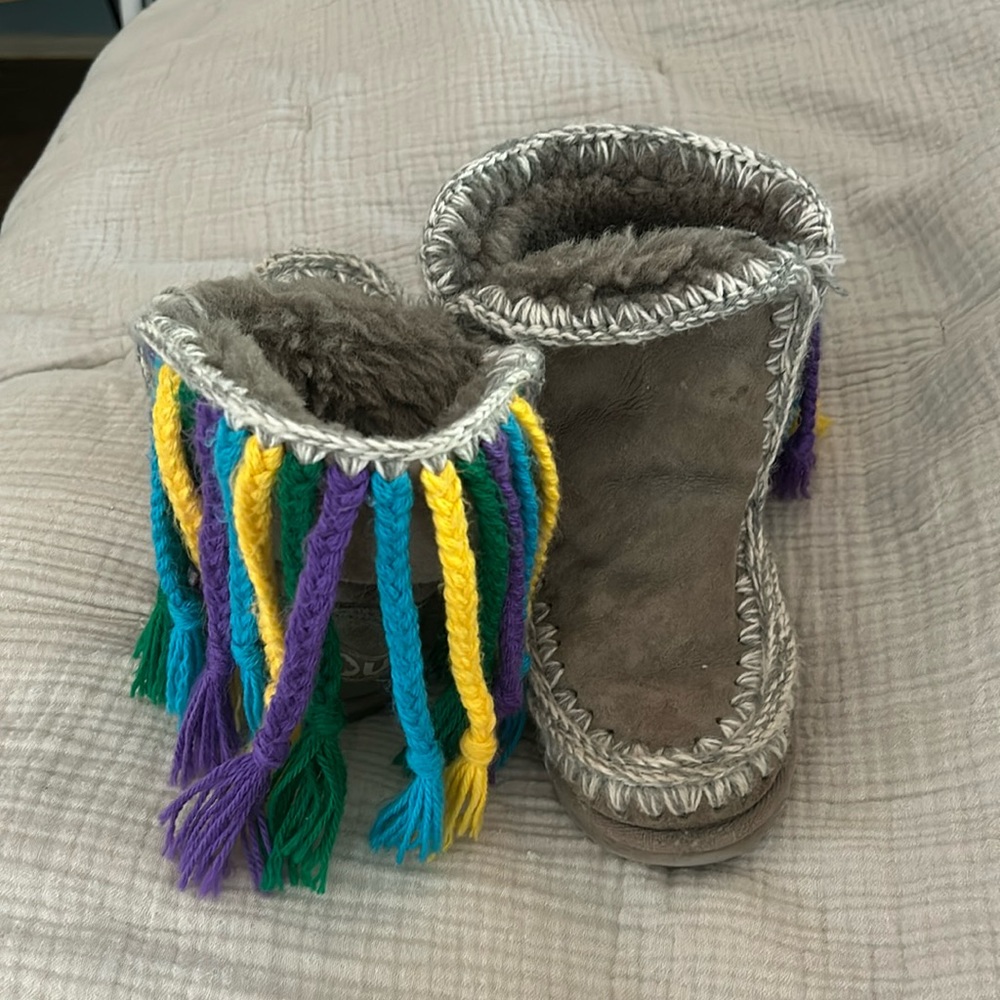 Mou Kids Grey Fringe Tassel Boots with Yellow, Green, Teal, Purple Accents